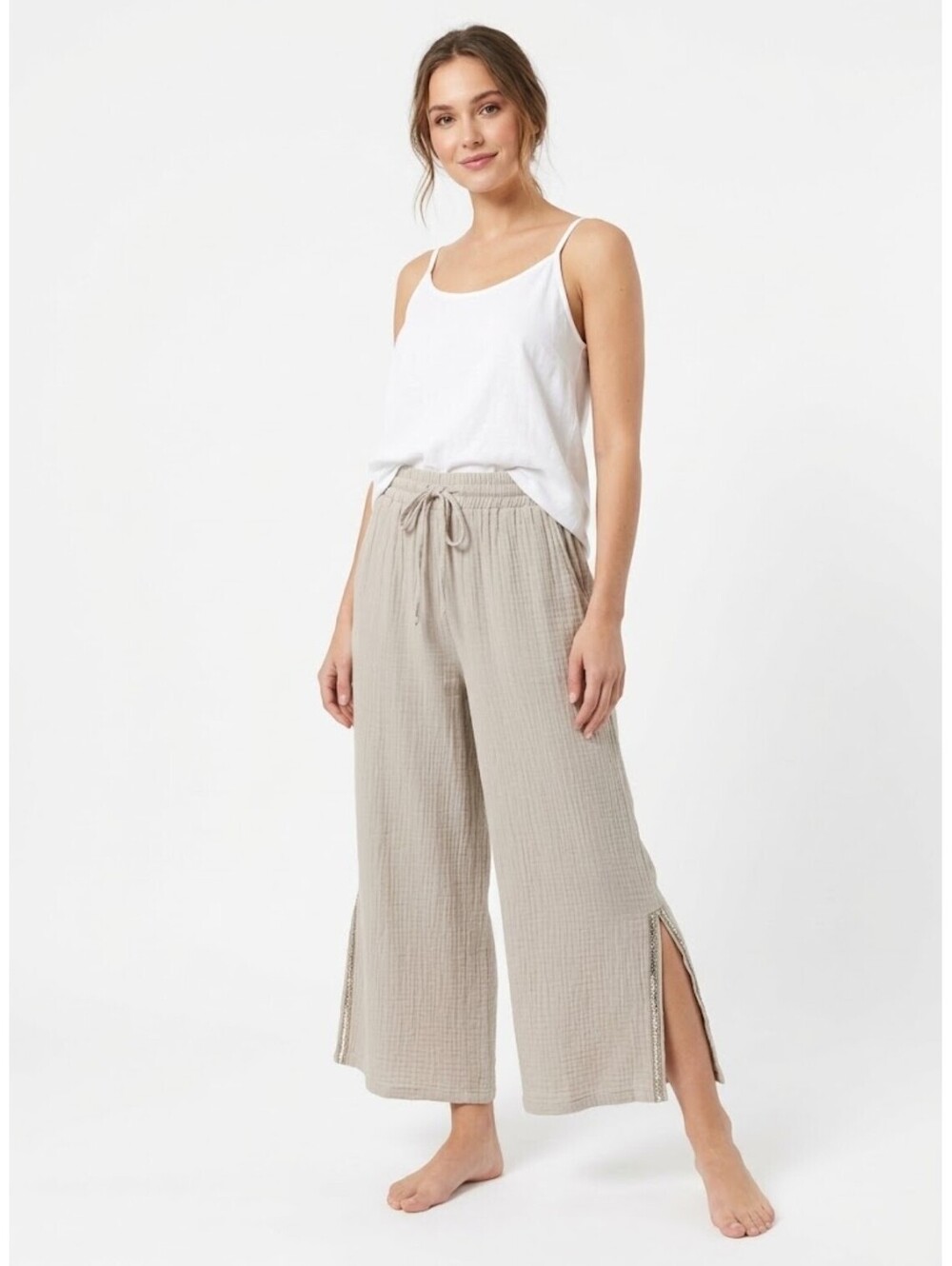 JM Collection Womens Plus 2X XXL Wide Leg Gauze Pants Sand Beige Slit Hem NWT